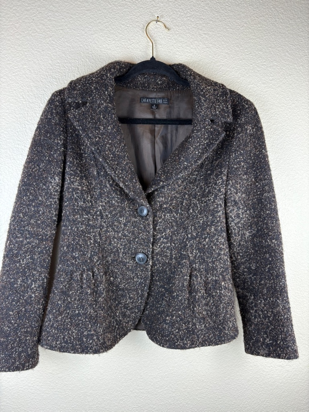 LAFAYETTE 148 BLAZER, Virgin Wool Mohair Alpaca Blend Brown Tweed Jacket Sz 6
